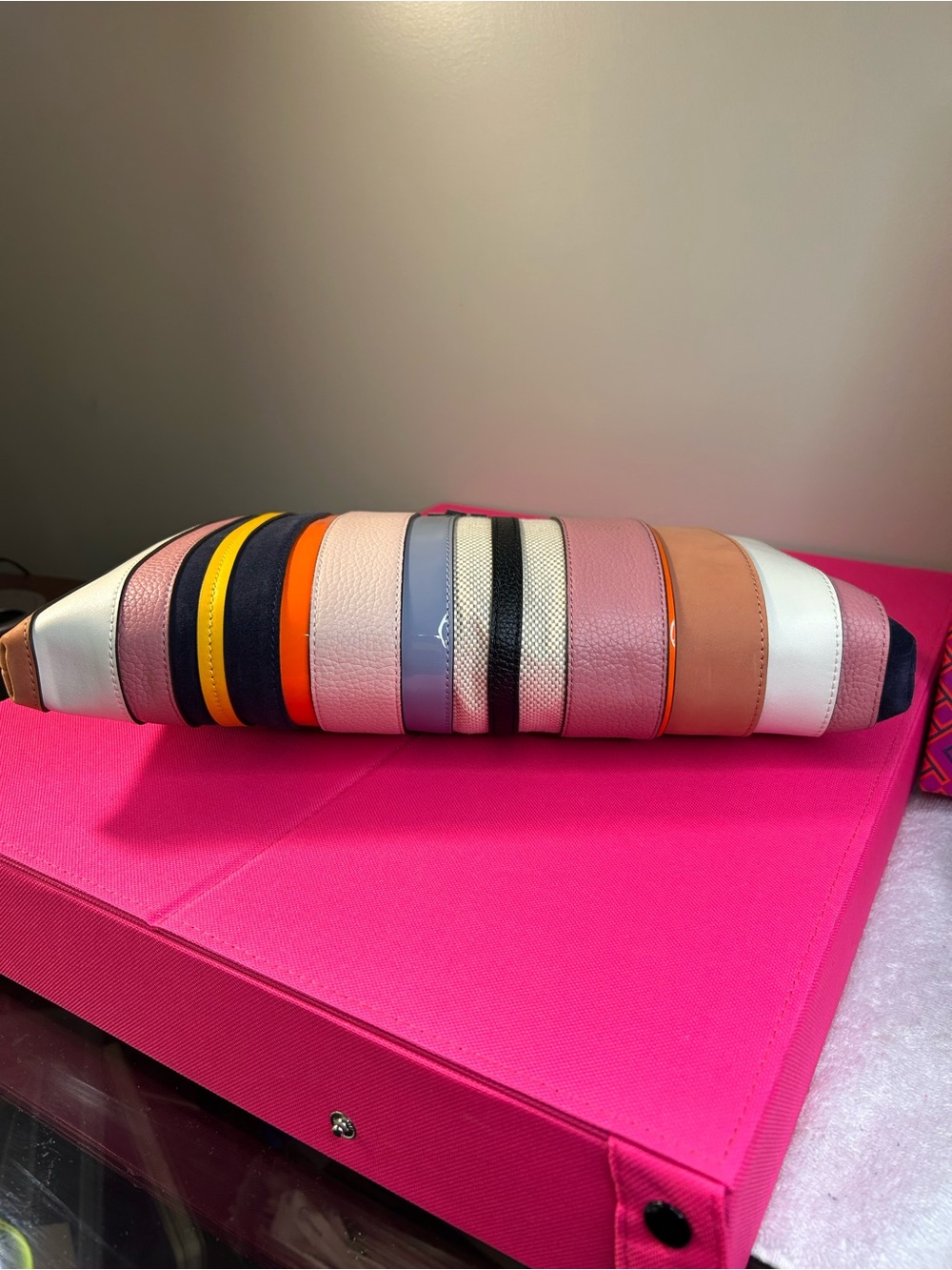 Tory Burch White Slide Sandals with Pink Logo and Striped Wristlet - Picture 14 of 16